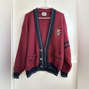 Burgundy and Navy Varsity Style Cardigan Sweater